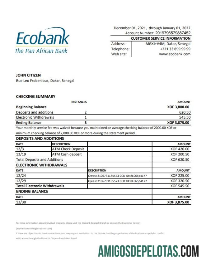 Senegal Ecobank Bank Statement Xls amostra